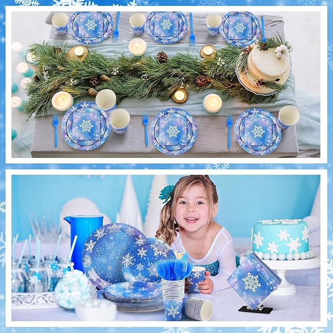 durony 144 Pieces Frozen Paper Plates and Napkins Dinnerware Set Winter Snowflake Party Tableware Supplies Includes Paper Plates Napkins Forks Serve 24 for Christmas Party Supplies