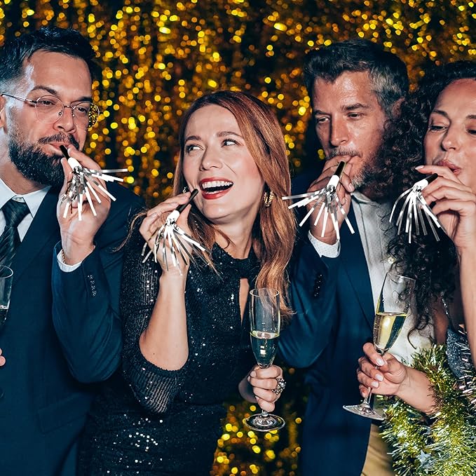 50Pcs New Years Noise Makers, New Years Eve Party Supplies, Silver Party Blowers Horns Metallic Fringed Happy New Year Party Favors for Eve Family Gathering Sporting Events