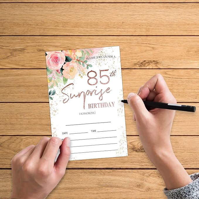 Zodvery Surprise 85th Birthday Party Invitations Cards - 85 Years old Rose Floral Pink Theme Party Supplies for Adult, Woman or Man - 20 Fill in Birthday Party Invitations and 20 Envelopes set/67