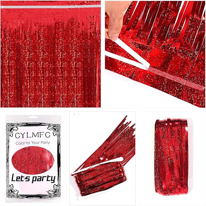 Metallic Tinsel Curtains, 2 Pack 3x8ft Foil Fringe Backdrop for Birthday & Graduation Decorations, Red