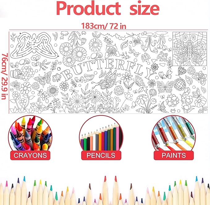 Giant Coloring Poster, Butterfly Coloring Paper Tablecloth for Home Activity Birthday Party Supplies 30 x 72 Inch