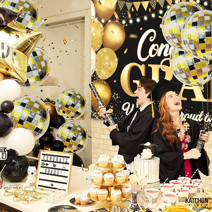 KatchOn, Shiny Disco Ball Balloons - Big 22 Inch, Pack of 12 | Foil Black and Silver Disco Balloons for Disco Ball Decor | Black and Gold Graduation Decorations 2025 | Bachelorette Party Decorations