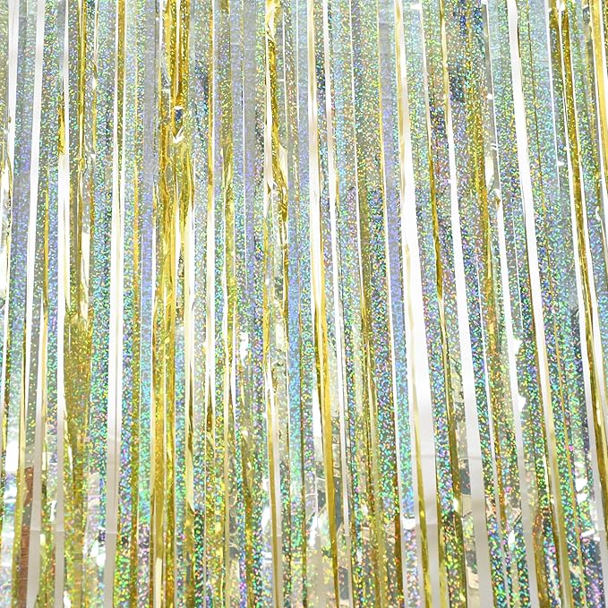 BRAVESHINE Gold Party Tinsel Backdrop - 2 Pack 3.2x8.2ft Metallic Foil Fringe Curtain Streamers for Birthday/Engagement/Bachelorette/Anniversary/Prom/Graduation/Hawaiian/Luau/Wedding Decorations