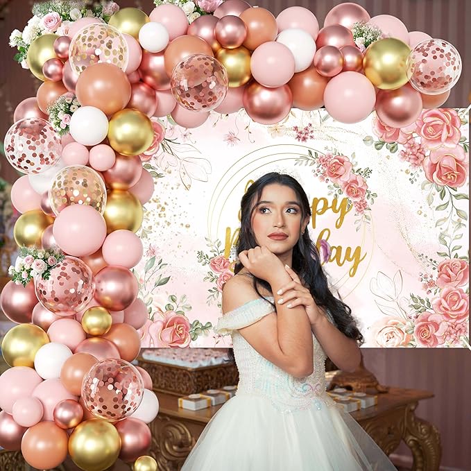 Rose Gold Floral Birthday Decorations for Women,Balloon Garland Kit, Pastel Nude Pink Metallic Matte White Balloons with Gold RoseGold Confetti for Princess Girl Party