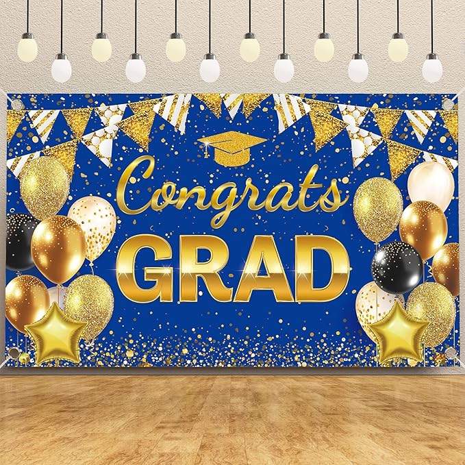 Ecomore 2026 Graduation Decorations - 245 PCS Grad Disposable Dinnerware(Serve 25) & Graduation Party Supplies With Congrats Paper Plate Cup Napkin Cutlery Tablecloth Backdrop Balloon Kit - Blue Gold