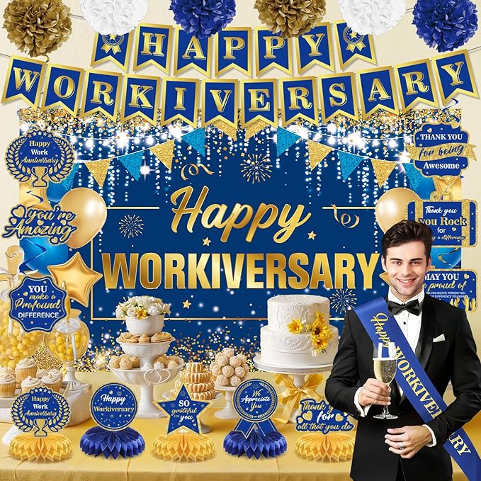 Happy Work Anniversary Decorations Blue Gold Happy Workiversary Banner Honeycomb Centerpieces Hanging Swirls Tissue Paper Pompoms Sash for Men Office Employee Worker Anniversary Appreciation Supplies
