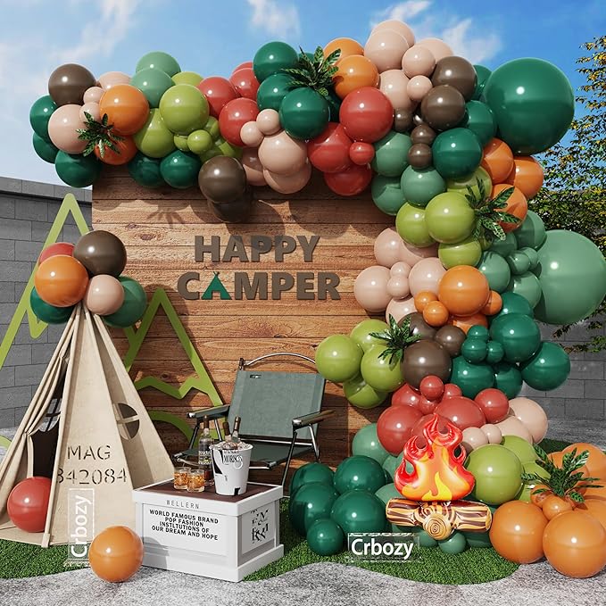 Camping Balloon Arch Kit, Dark Sage Green Orange and Brown Latex Balloons with Campfire Foil Balloon, 157Pcs for Camping Forest Jungle Safari Woodland Birthday Party Decorations