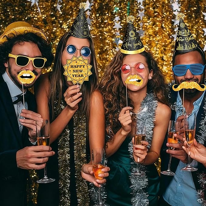 56 PCS New Year’s Eve Party Supplies 2026 Including Happy New Year Hats, Necklaces and New Year Photo Booth Props for New Year's Eve Party Favors (Photo Booth Props)