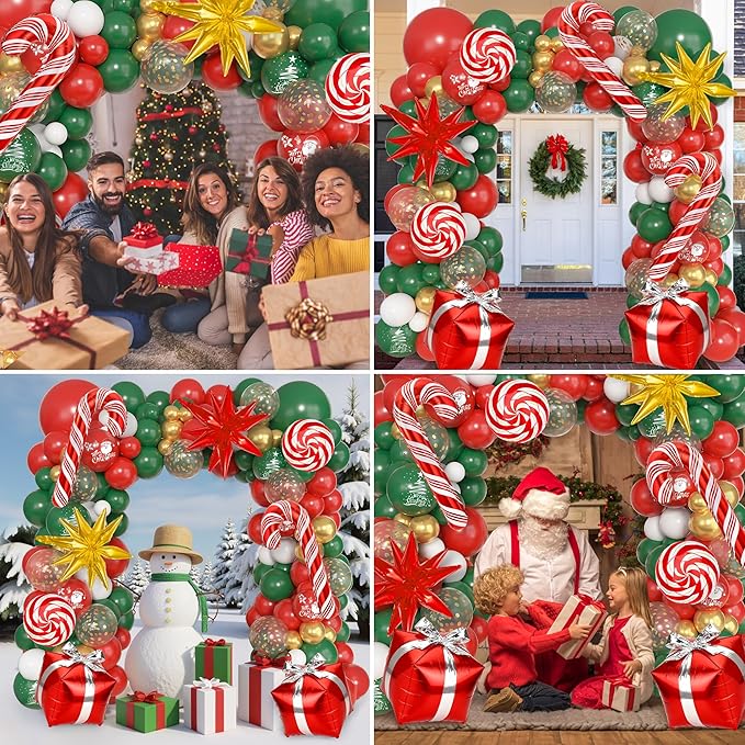 Ouddy Life Christmas Balloon Garland Arch Kit, 174 pcs Red Green White Metallic Gold Balloons Candy Cane Gift Box Star Foil Balloons for Christmas Party Decorations Xmas Baby Shower New Year Decor