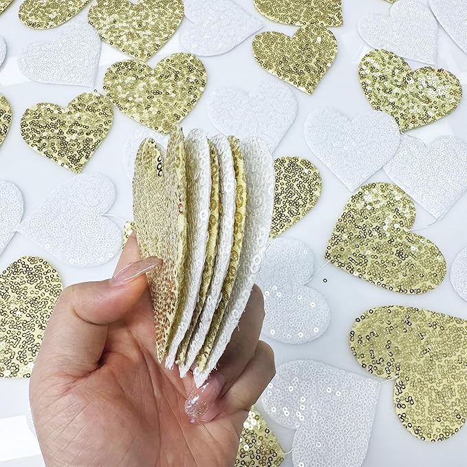 Gold and White Heart Decorations Double Sided Sequin 3D Heart Hanging Wall Art Ornament Garland for Nursery Classroom Bedroom Valentines Day Holiday Christmas Weeding Anniversary Home Wall Decor