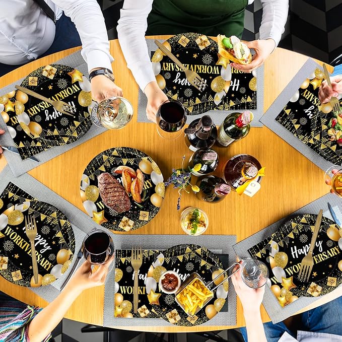 96Pcs Happy Work Anniversary Party Supplies Black Gold Happy Workiversary Tableware Dinnerware Set Worker Appreciation Plates Napkins Decorations for Women Men Office Employee Worker