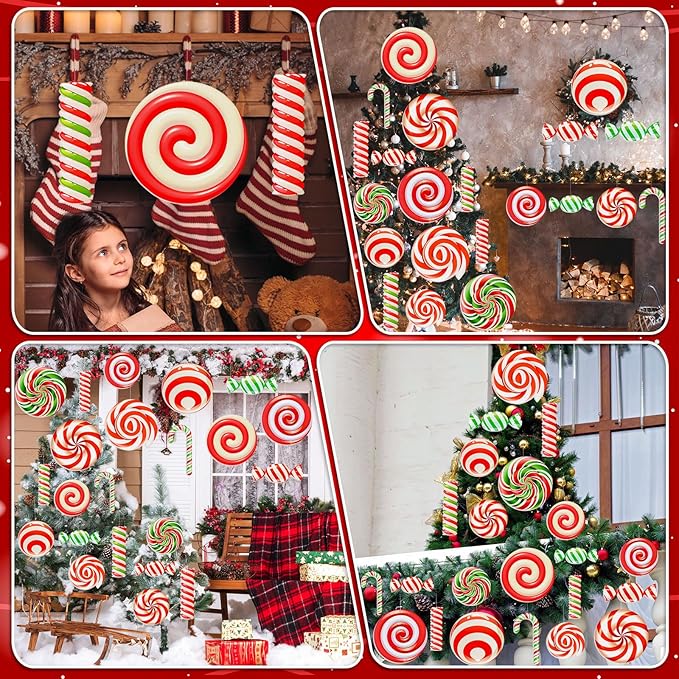 Huwena 24 Pcs Christmas Decorations Outdoor Christmas Hanging Ornaments Peppermint Candy Yard Signs Double Sided Lawn Decorations Peppermint Ornaments for Xmas(Red, Green，white)