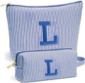 Travel Toiletry and Makeup Bag - Travel Essentials for Women, Blue Initial Makeup Bags for Hair Ties, Clips, Brushes, Sponges, Lipsticks, Blush, Eyelash Curler, Easy to Carry, Blue Letter L