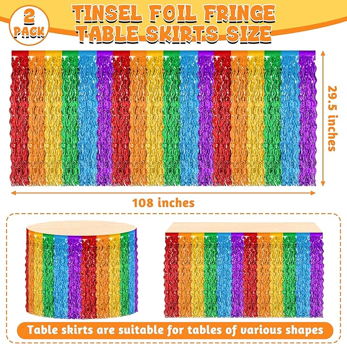 Rainbow Table Skirt, 2 Pack Desk Skirts Party Decorations, Colorful Metallic Wavy Tinsel Foil Fringe Table Skirts, Rainbow Foil Table Skirt for Birthday Classroom Teacher Pride Month Decor