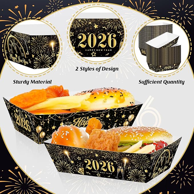 50Pcs New Year Eve Food Trays, 5.94" x 3.34" x 2.16" NYE Party Supplies 2026 Food Boats, Black Gold Serving Trays for Hot Dog Popcorn Taco, Disposable Snack Boats for New Year Decorations