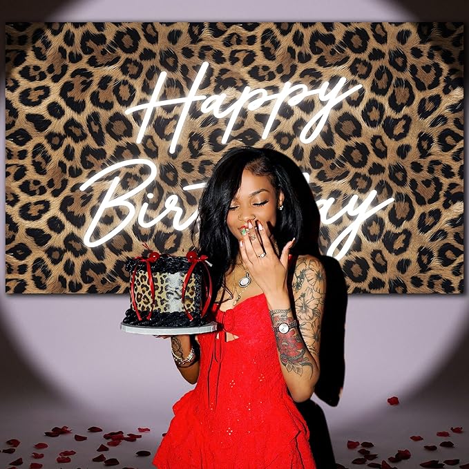 Happy Birthday Backdrop Leopard Print, 5 x 3 Ft Cheetah Print Birthday Decorations Backdrop Banner for Women Girl, Cheetah Leopard Party Decorations for Wall, Photography Background