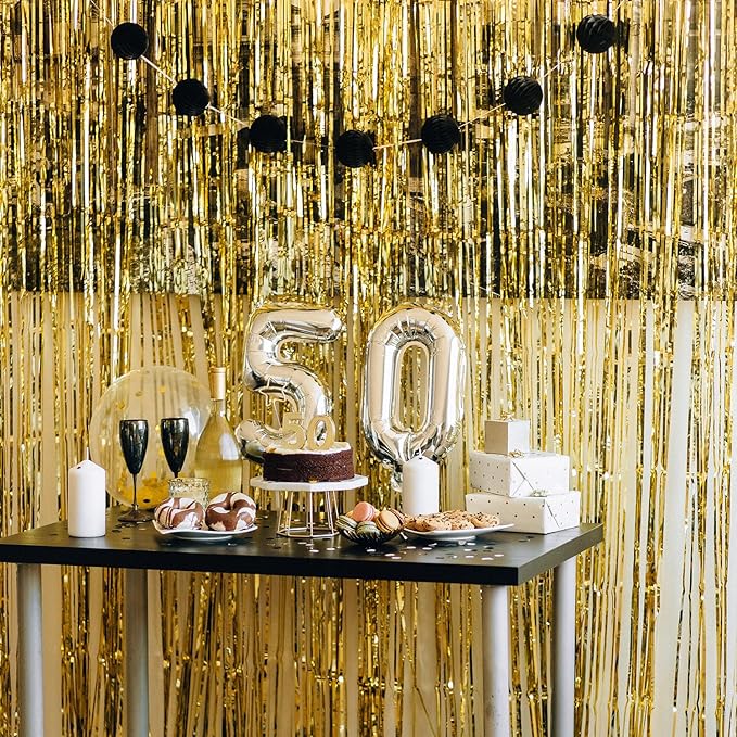QRabbit 4 Pack Foil Fringe Curtains, Gold Metallic Tinsel Party Streamers Curtains, Backdrop Curtain for Birthday Graduation Engagement Wedding Bachelorette Baby Shower Party Decorations
