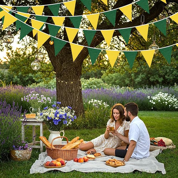46Ft Yellow Green Party Decorations Yellow Green Burlap Banner Triangle Pennant Flag Linen Garland Streamers for Master Golf Birthday Baby Shower Rustic Spring Wedding Jungle Golf Party Decorations