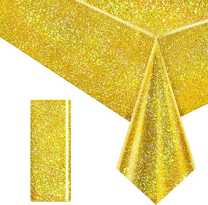 1 pcs Gold Holographic Party Tablecloths 40" x 108" Laser Shiny Table Cloths Plastic Glitter Foil Table Cover for Christmas Wedding Graduation Baby Shower 1920s Birthday Party Anniversary Supplies