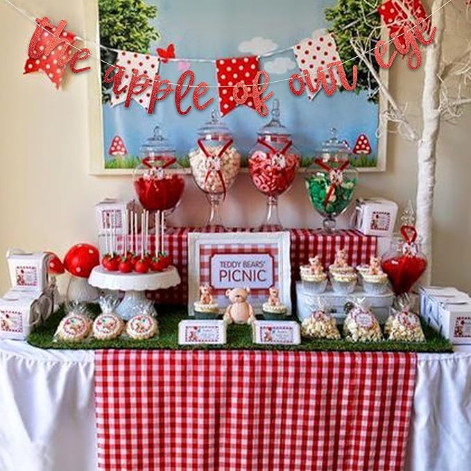 Red Glitter The Apple of Our Eye Banner - Fruit Theme Baby Shower Decorations, 1st Birthday Party Supplies, Apple of Our Eye Sign Photo Props for Gender Reveal, Baby Announcement Party