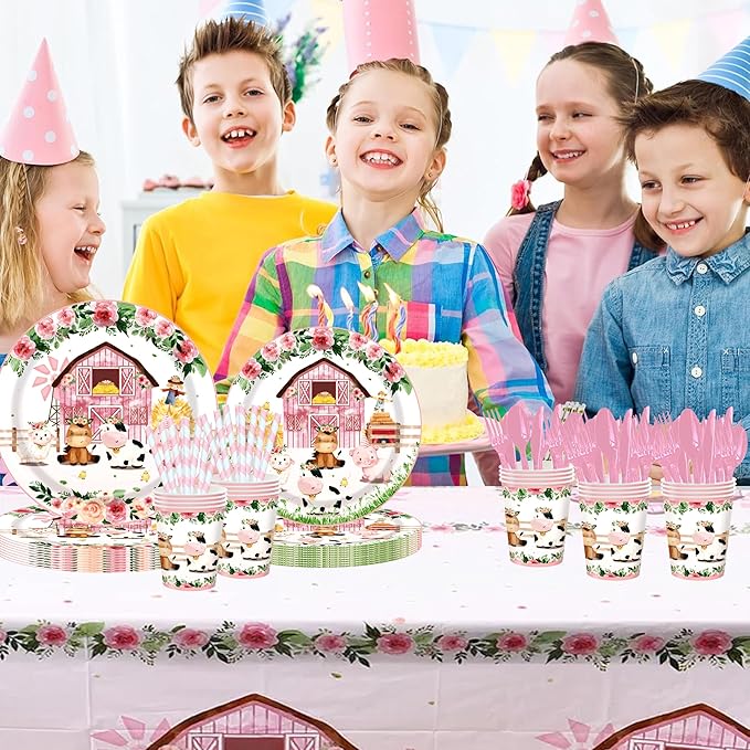 194Pcs Farm Animals Party Supplies Tableware Set for 24 Guests, Cute Watercolor Farm Theme Birthday/Baby Shower Includes Tablecloths, Plates, Cutlery, Banner - Barn Animal Party Decorations