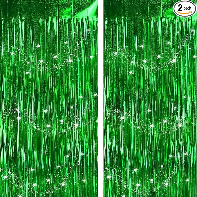 Green Backdrops Curtains Party Decorations for St Patricks Day Decoration Accessories, Tinsel Streamers Birthday Decoration Photo Booth Props for Football, 2Pack 3.28X6.56Ft