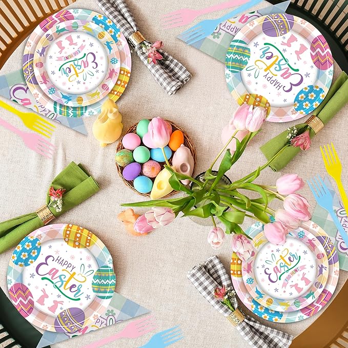120 PCS Easter Party Decorations, 30 Set 9" Dinner Plates 7" Dessert Plates Paper Napkins Forks Set, Disposable Paper Plates Happy Easter Plates Bunny Egg Party Dinnerware Tableware Party Supplies