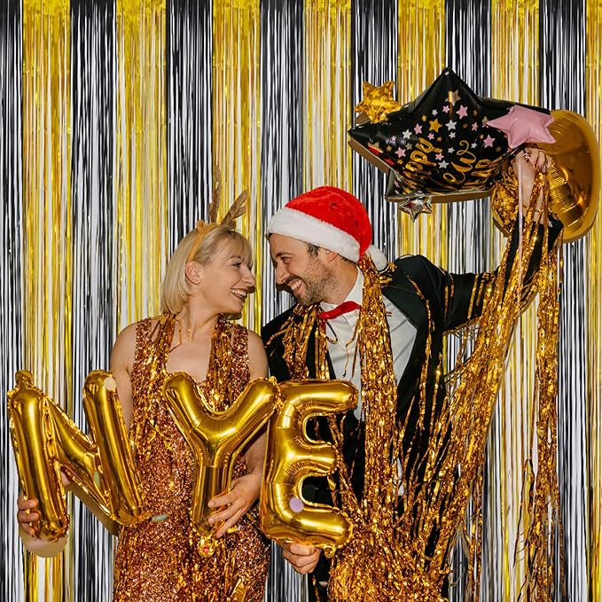 Graduation Decorations 2026 Foil Fringe Curtains- Melsan 3 Pack 3.2 x 8.2 ft Black Tinsel Curtain Photo Backdrop for Birthday Decorations Retirement Party Decorations Black