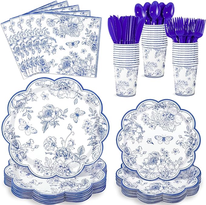 175 Pcs Blue Floral Plates and Napkins, 25 Guest Scalloped Chinoiserie Blue White Florals Party Supplies Includes Toile Plates, Napkins, Cups & Plastic Cutlery for Tea & Garden Party
