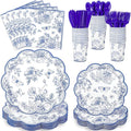 175 Pcs Blue Floral Plates and Napkins, 25 Guest Scalloped Chinoiserie Blue White Florals Party Supplies Includes Toile Plates, Napkins, Cups & Plastic Cutlery for Tea & Garden Party