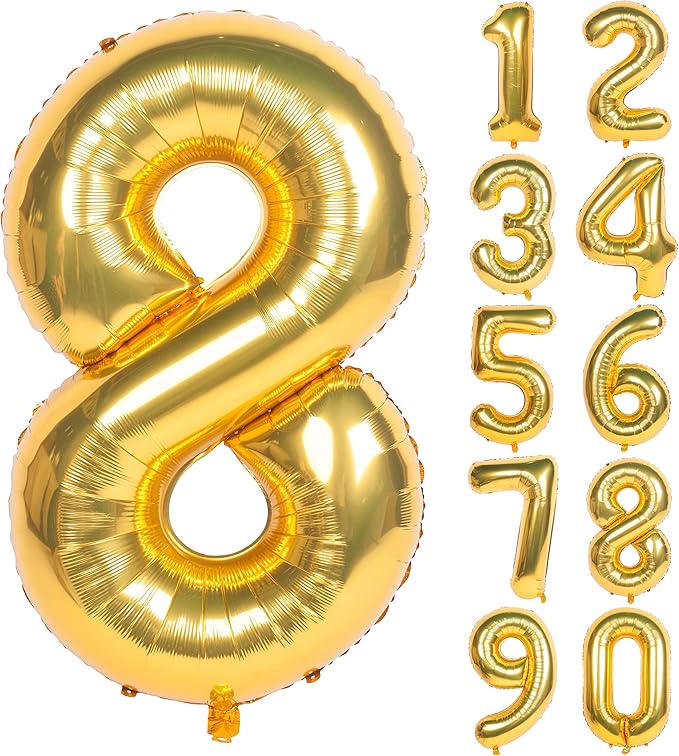 40 Inch Large Gold Number Balloons 8 Aluminum Foil Mylar Big Number Balloons 0-9 Suitable for Gold Birthday Parties, Weddings and Anniversary Photography