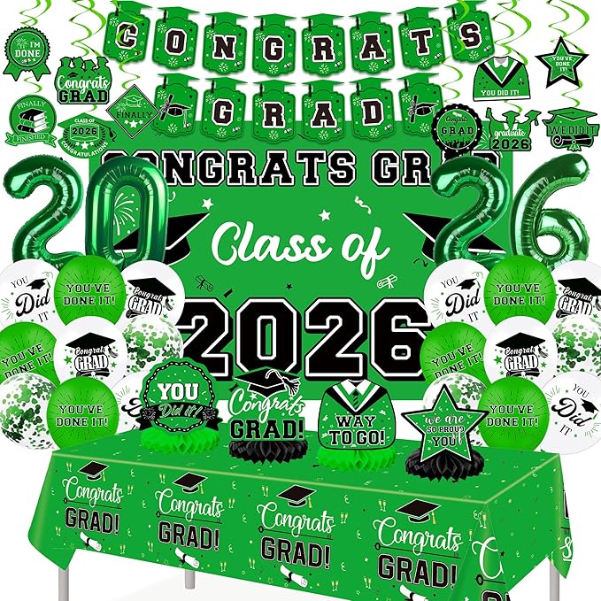 Graduation Decorations 2026, Class of 2026 Backdrop, Banner, 2026 Foil Balloons, Tablecloth, Hanging Swirls, Honeycomb Centerpieces, Party Supplies Decorations Set for College (GREEN)