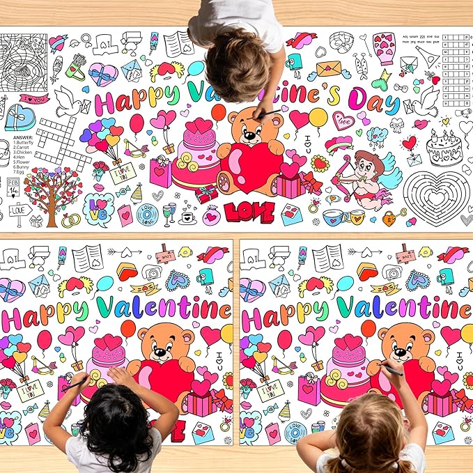 Valentines Coloring Tablecloth/Poster, 3 PCS Valentines Day Gifts for Kids Classroom, Valentines Day Decorations, 72"x30" Giant Paper Coloring Banner Tablecloth Crafts Activities for Party Decorations
