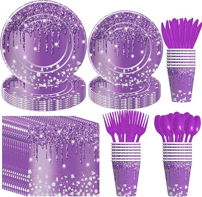 Purple Plates and Napkins Party Supplies - Decorations Tableware, Paper Plate, Napkin, Cup, Disposable Cutlery, Glitter Bridal Shower Birthday Table Decorations | Serve 24