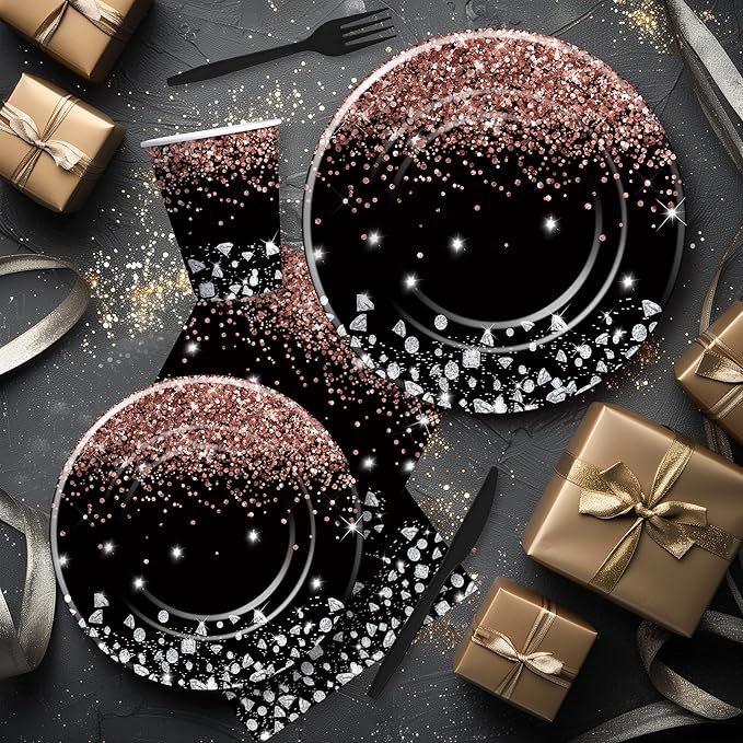 Xigejob Rose Gold And Black Party Decorations Tableware - Glitter Diamond Theme Rose Gold Party Supplies for Wedding Bridal Shower Birthday, Paper Plate, Cup, Napkin, Cutlery | Serves 24
