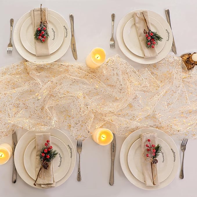 Snowkingdom 3Pcs 10Ft Gold Table Runners, Sheer Gauze Chiffon Cheesecloth Glitter Golden Metallic Foil, Gold Decorations for Home Party Wedding Birthday Anniversary Fall Thanksgiving Christmas Holiday