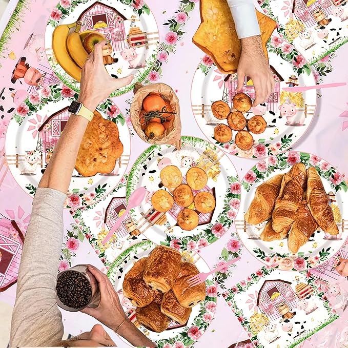 194Pcs Farm Animals Party Supplies Tableware Set for 24 Guests, Cute Watercolor Farm Theme Birthday/Baby Shower Includes Tablecloths, Plates, Cutlery, Banner - Barn Animal Party Decorations