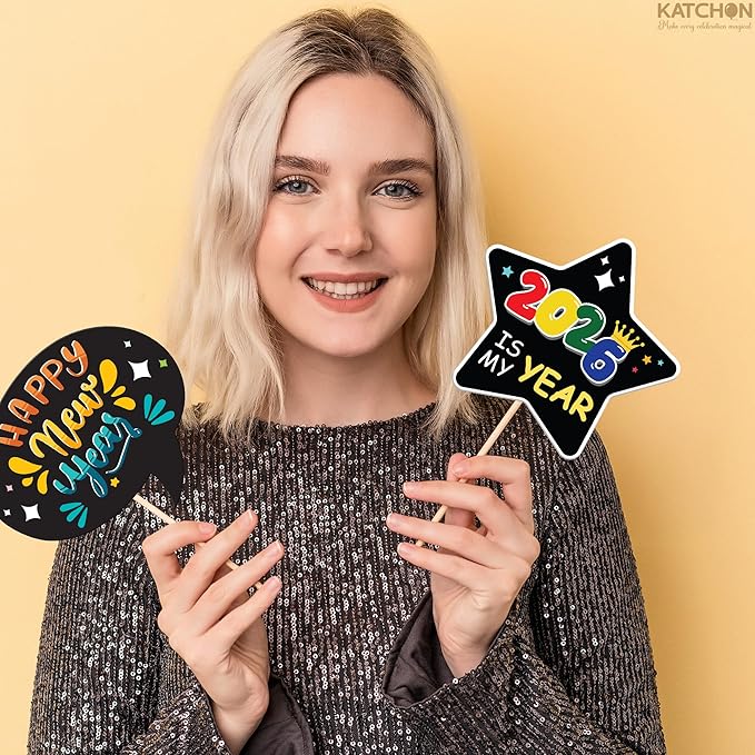 KatchOn, New Years Photo Booth Props 2026 with Bye Bye 2025 - Pack of 35 | New Years Eve Photo Booth Props for Happy New Years Decorations 2026 | New Years Eve Party Supplies 2026 | NYE Decorations