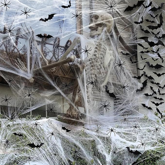 Halloween Decoration Outdoor, 1600sqft Spider Webs Halloween Party Decorations with 100Pcs Fake Spiders and 60Pcs Bats for Exterieur, Indoor Outdoor Party Supplies