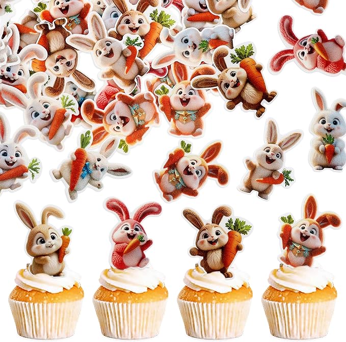 Ercadio 40 Pack Edible Easter Bunny Cupcake Toppers Rabbit Carrot Cupcake Drink Toppers for Easter Rabbit Theme Spring Birthday Baby Shower Party Decoration Supplies
