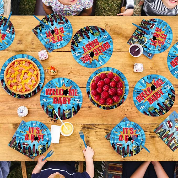 96Pcs Super Theme Hero Baby Shower Party Decoration Blue Welcome-Baby Plates and Napkins Hero City Buildings Disposable Tableware Set for Boys Baby Shower Birthday Party Supplies Serves 24