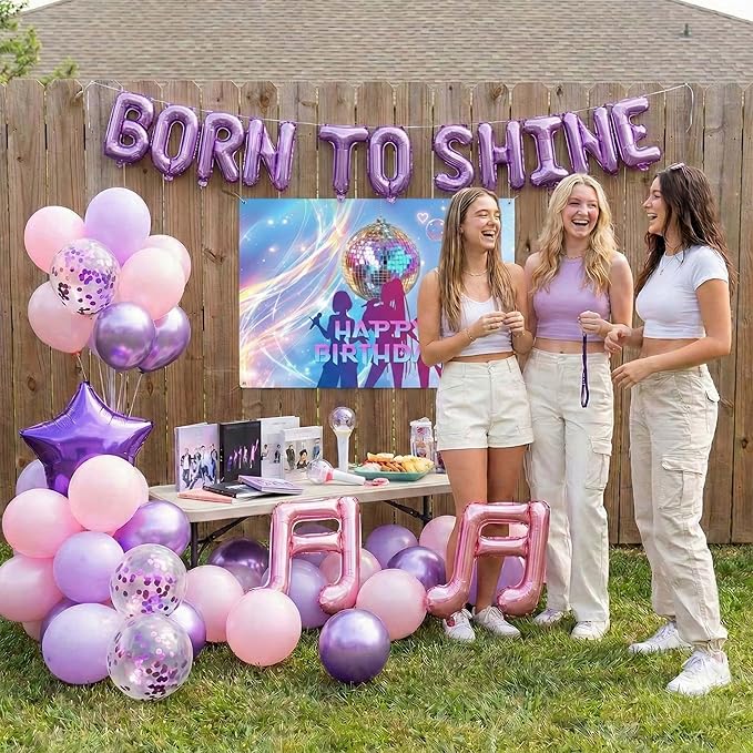 Purple pink Balloon Arch Garland Kit with backdrop Tablecloth Musical symbols Star “born to shine” letter mylar balloons for kpop music Birthday Decorations Y2K Movies fans Prom Party Supplies