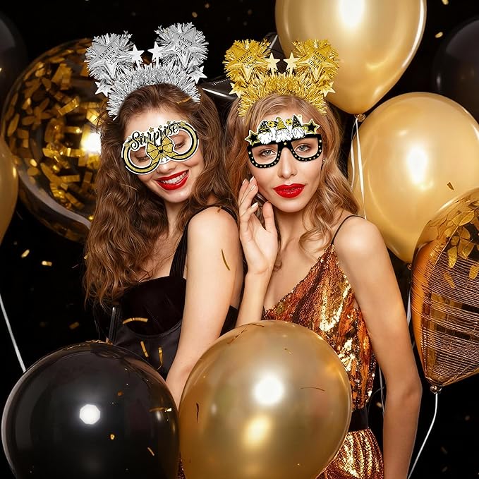 fiintrwa Happy New Year Headband Tiara Gold Silver Fringed Noise Makers and 2026 New Year Party Glasses Decoration Supplies