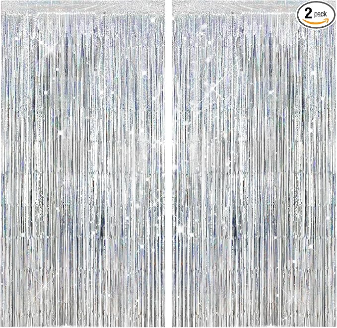 2 Pack Shiny Silver Foil Fringe Curtains | Party Streamers & Photo Booth Backdrop for Birthday, Wedding, Baby Shower, Bachelorette, Graduation & Christmas