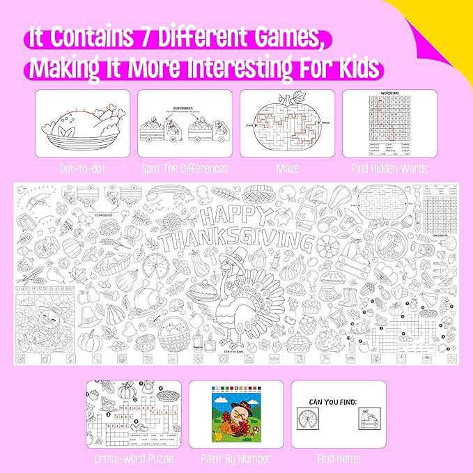 Thanksgiving Coloring Poster, Large Coloring Activity Paper 75” x 31” Jumbo Size Versatile Paper DIY Painting Drawing Banner/Tablecloth for School, Autumn Theme Parties, Wall Decor