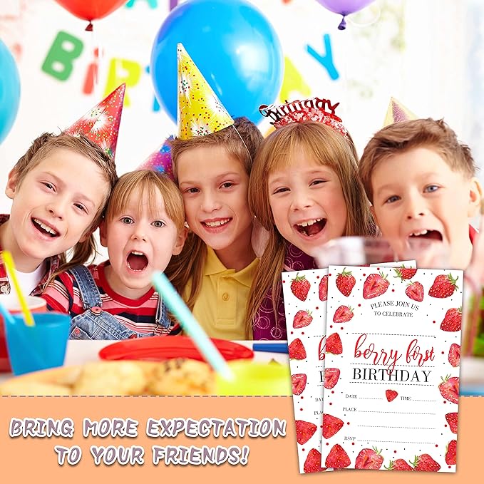 Strawberry Birthday Invitations, 20 Pcs - 4x6 inches with Envelopes - Perfect for Baby Girl 1st Birthday Party Decorations