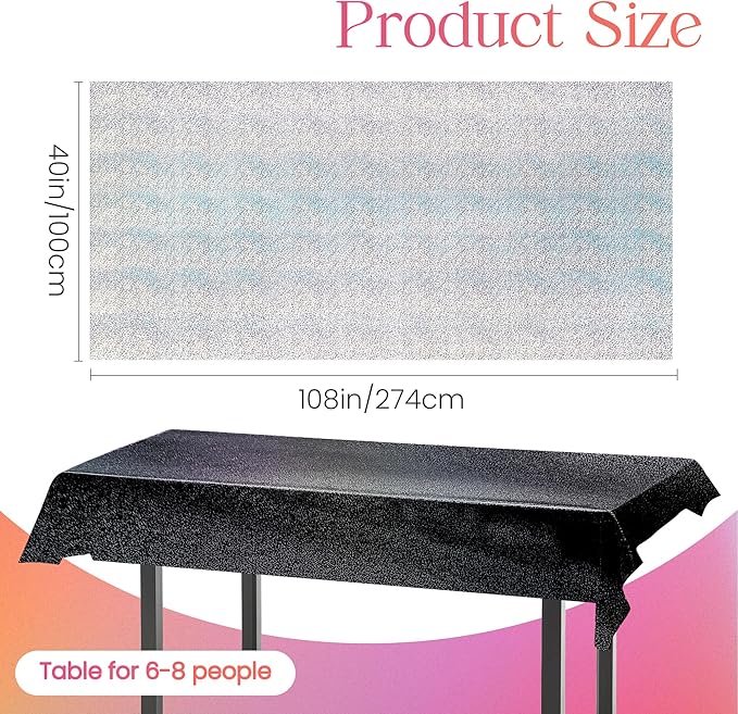 2 Pcs Black & Silver Holographic Laser Tablecloths Shiny Plastic Table Cloths 40" x 108" Black and White Classical Halloween Events Birthday Party Decor Anniversary Supplies