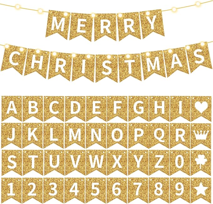 TaoBary 135 Pcs DIY Banner Custom Letters Kit Make Your Own Banner for Birthday Graduation Party Decor Include 107 Letters and Numbers, 16 Symbols, 2 String Lights, 5 Needles, 5 Rope (Gold)