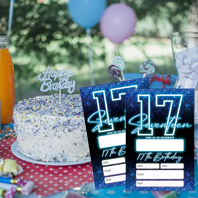 SIXEIGHT Blue 17th Birthday Invitations for Boys, Neon Glow Party Invitations for Girls Kids, 20 Pack Double Sided Invite Cards with Envelopes, 17th Glow Neon Birthday Party Decorations, 4x6 Inch-C50