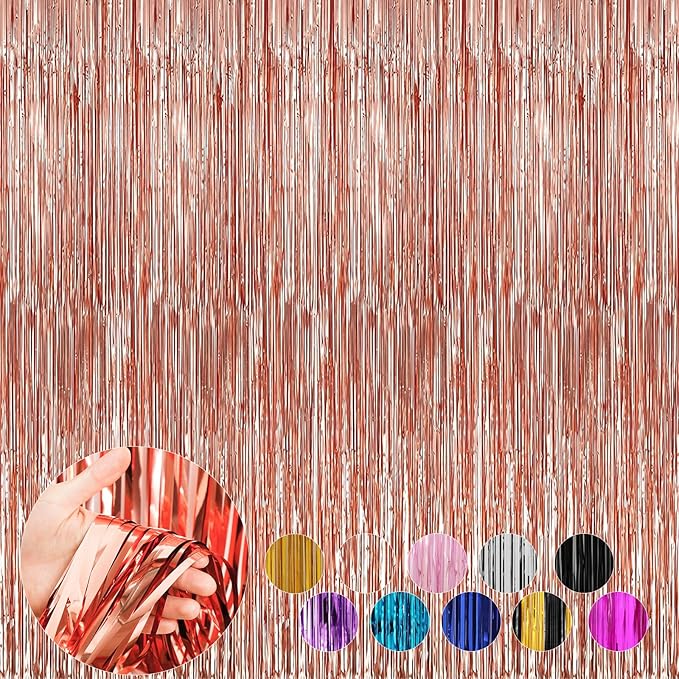 4 Pack Rose Gold Foil Fringe Curtains Door Streamers Party Decorations 3.3 x 8.2 ft, Tinsel Curtain Fringe Backdrop for Parties, Door Fringe Birthday Streamers, Photo Booth Backdrops, Party Decor